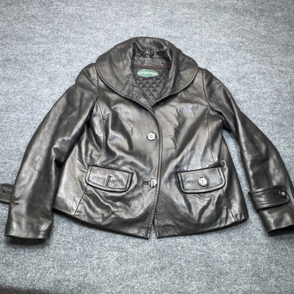Overland Leather Jacket Womens Medium Black Shawl Collar Lambskin Car Coat Y2K